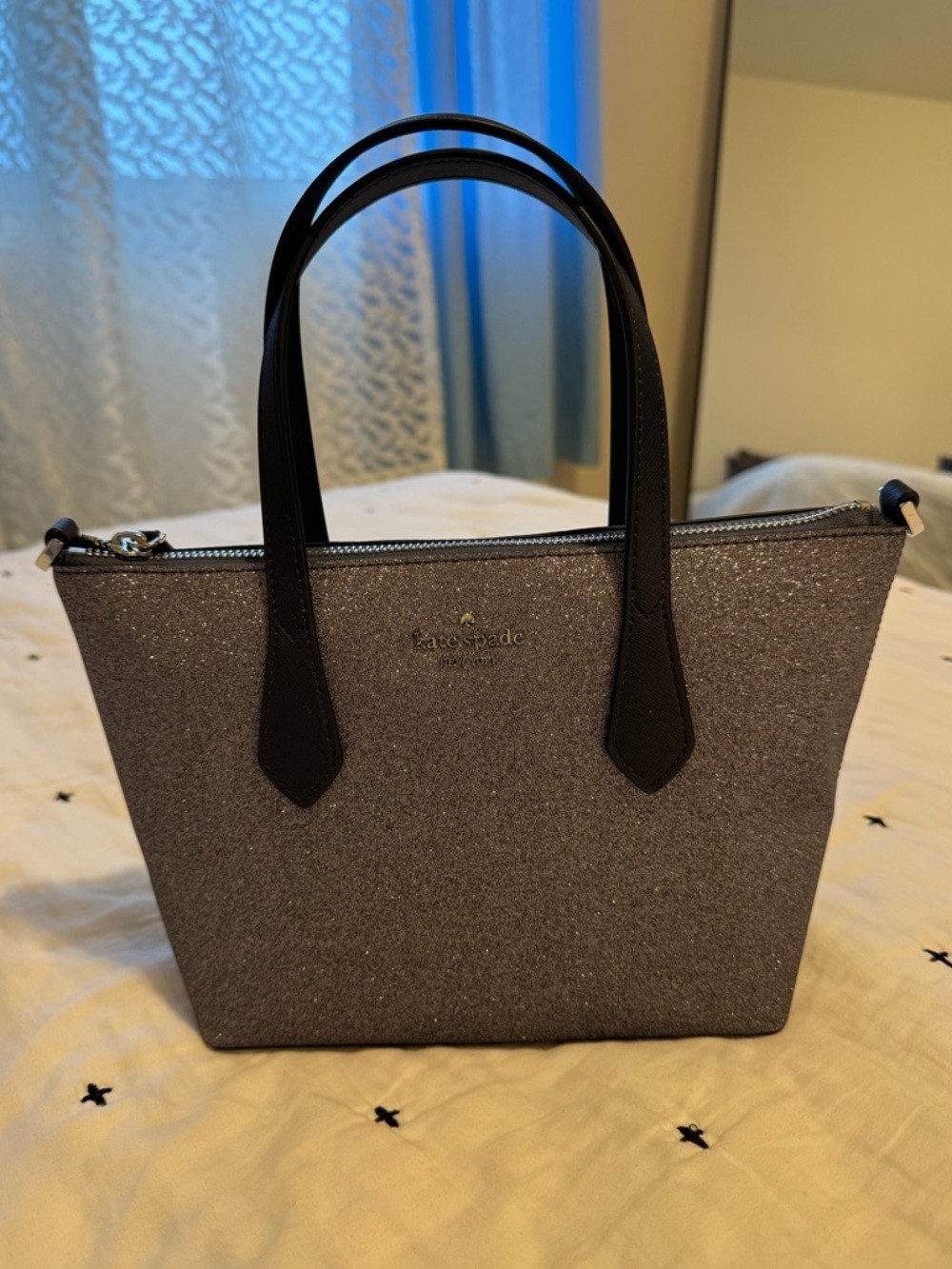 kate spade Joeley Glitter Tote in dark navy & charcoal grey sparkles